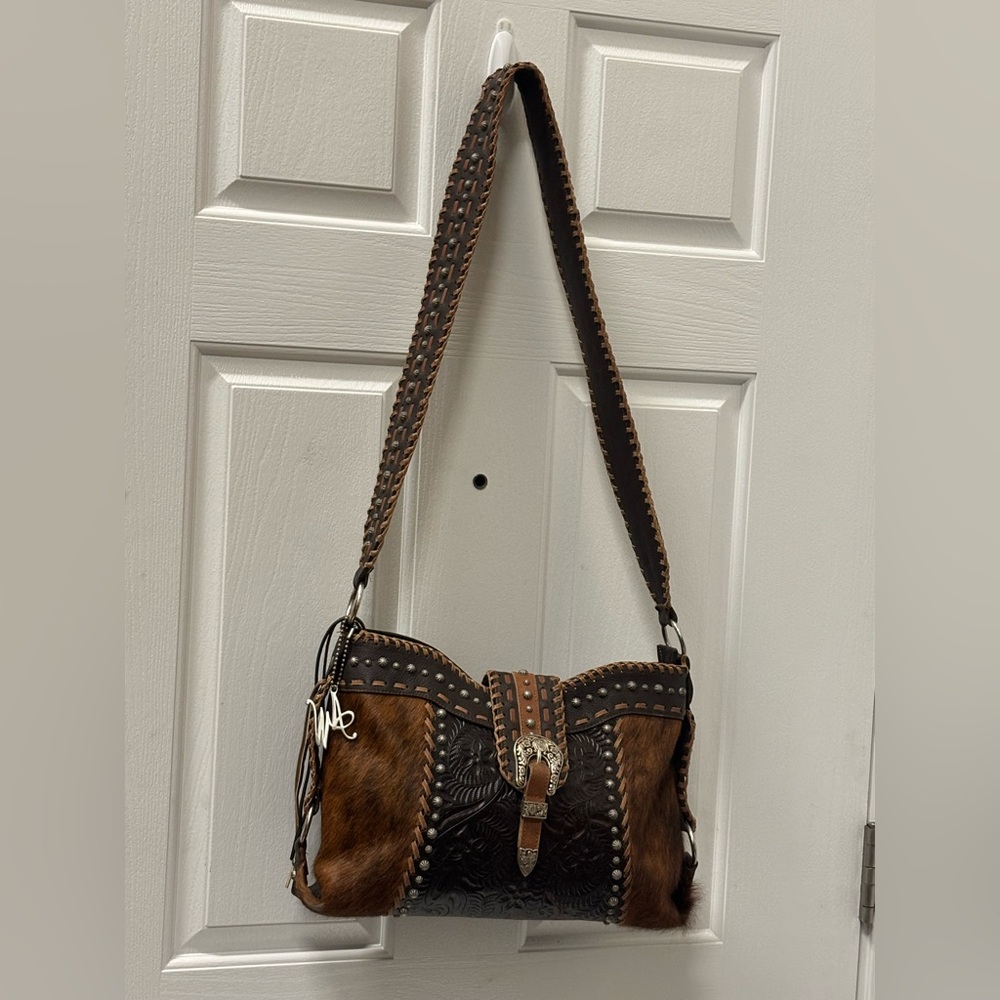 American West Vintage Studded Crossbody Messenger Leather Women Bag - Picture 2 of 16